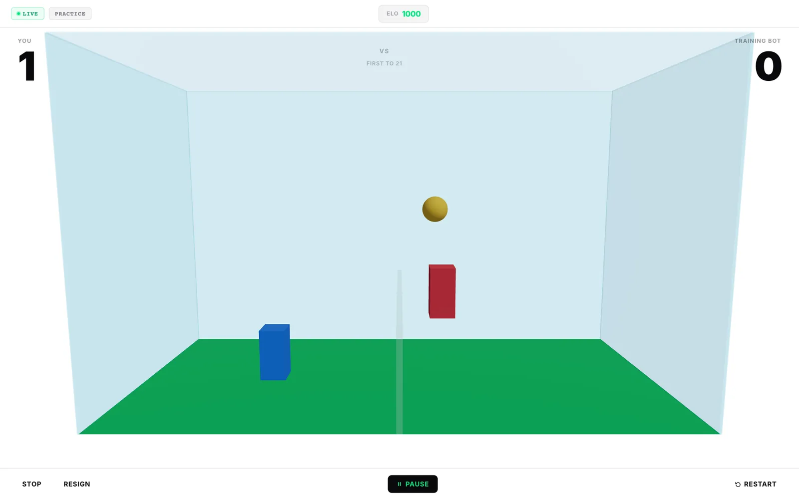 Bot Volley match in progress: a 3D court with two bots, a ball mid-rally and a 1–0 score.