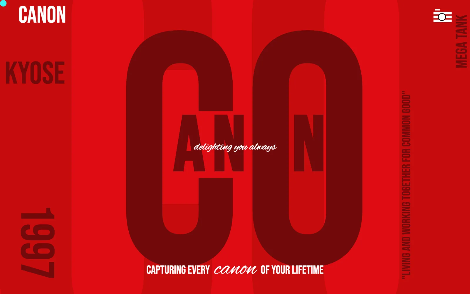 Canon redesign hero: oversized red letters spelling CANON with the line “delighting you always”.