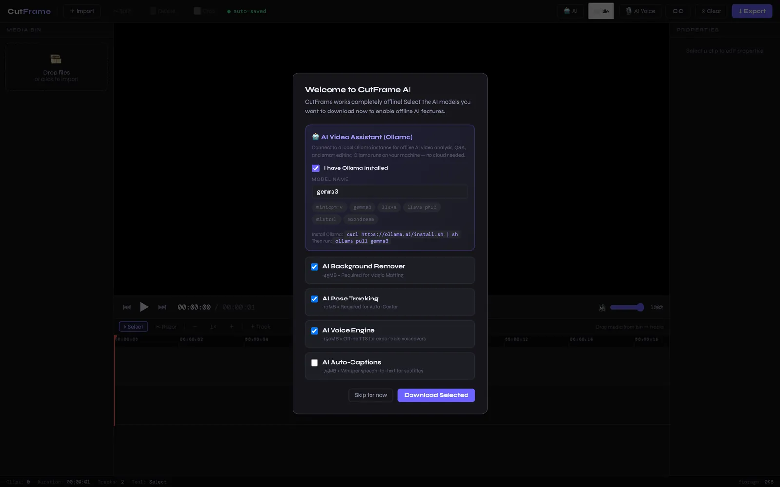 CutFrame editor with its welcome panel listing on-device AI models to download: background remover, pose tracking, voice engine and auto-captions.