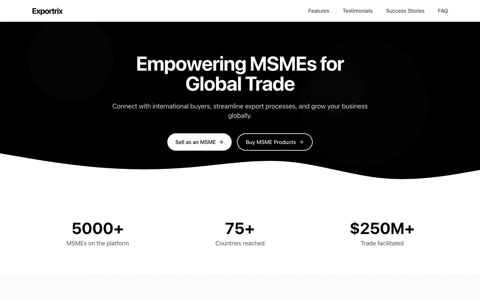 Exportrix landing page: “Empowering MSMEs for Global Trade” with buttons to sell as an MSME or buy MSME products.