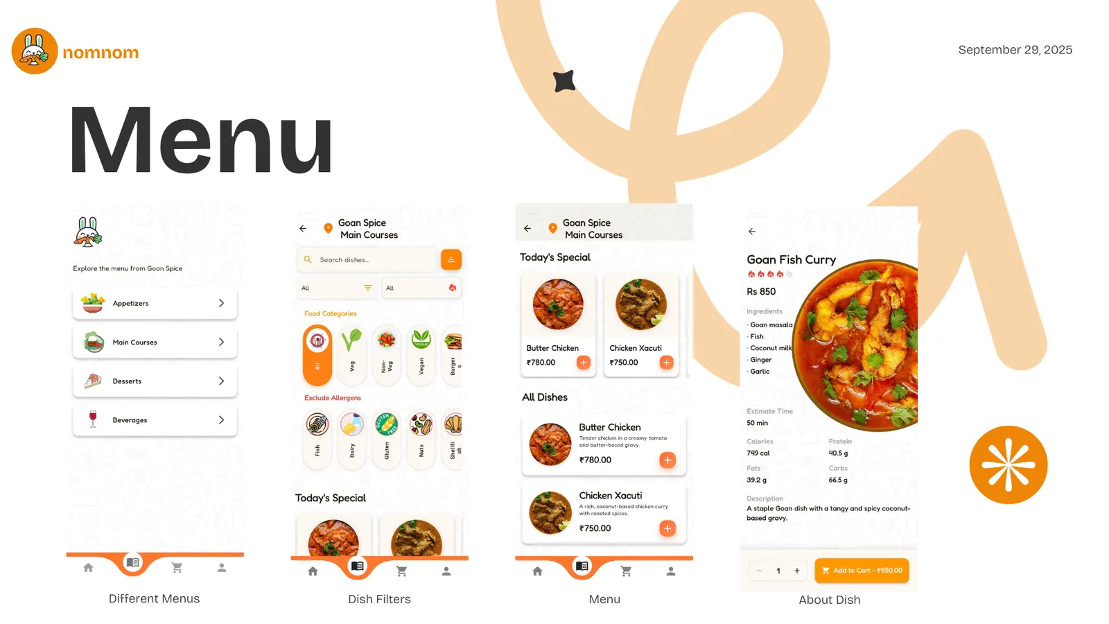 nomnom mobile app menu screens: menu categories, dish filters with allergen exclusions, today's specials and a dish detail for Goan fish curry.