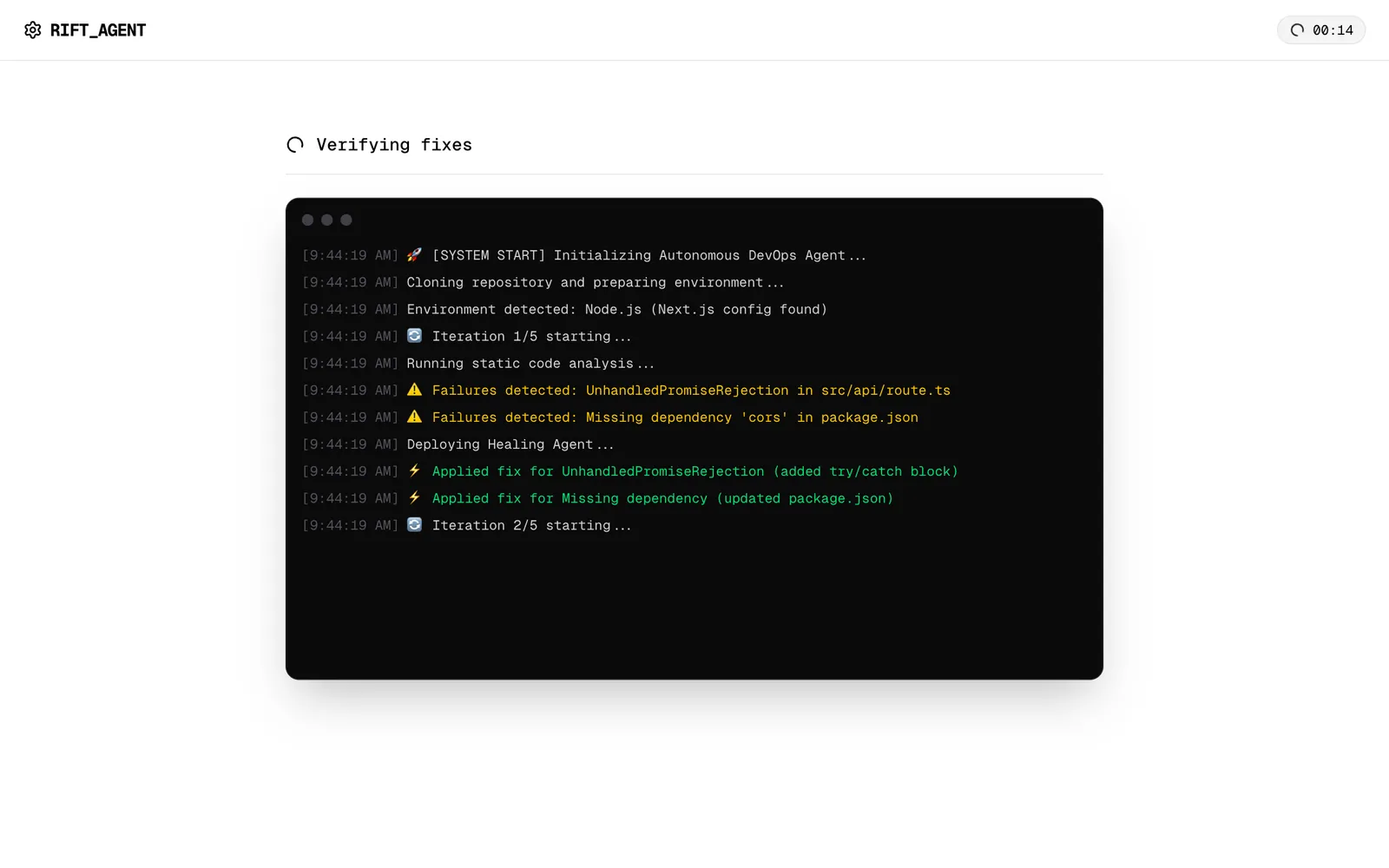 RIFT agent log streaming a run: environment detected, two failures found, fixes applied for an unhandled promise rejection and a missing dependency, iteration two starting.