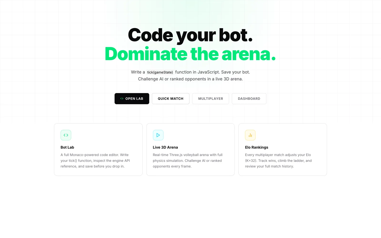 Bot Volley home page with the headline “Code your bot. Dominate the arena.” and links to Bot Lab, Live 3D Arena and Elo Rankings.