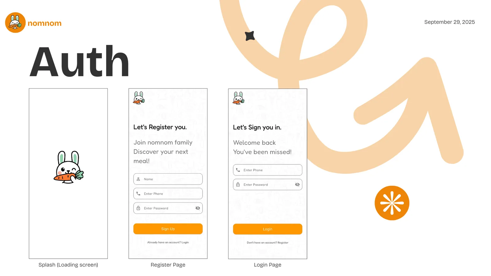 nomnom splash, register and login screens.