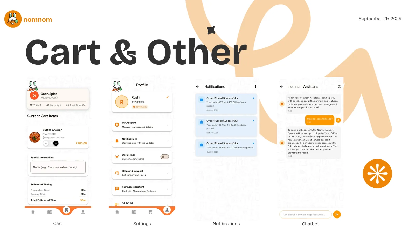 nomnom cart, settings, notifications and in-app assistant screens.